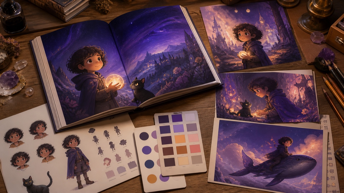 One character shown consistently across a cohesive illustrated world